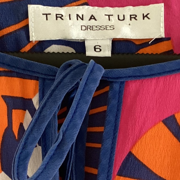 Trina Turk Dress 100% Silk Multicolor Kaftan Tunic Mini Dress Square Tie Neck - Picture 11 of 11